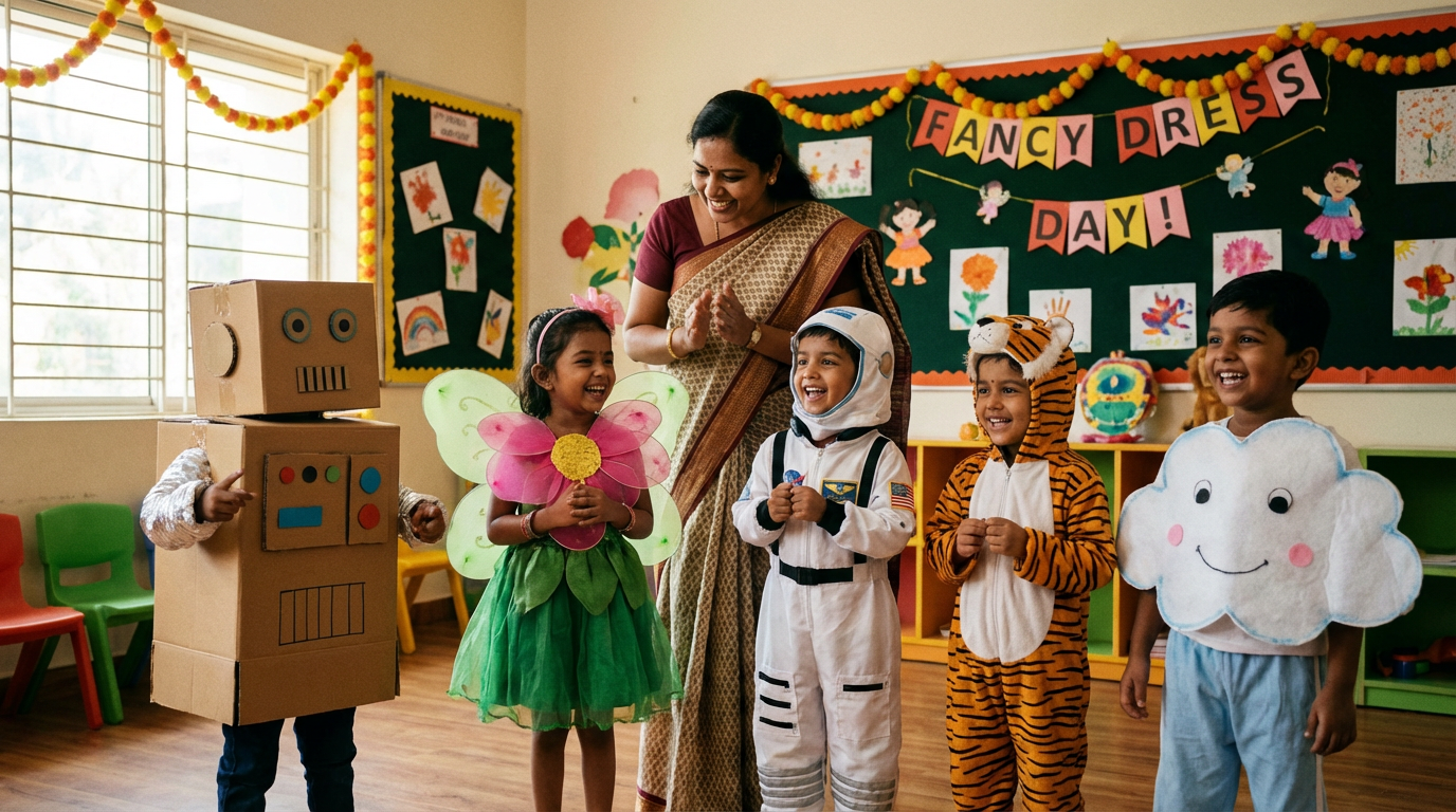 Children dressed in creative costumes for a fancy dress event